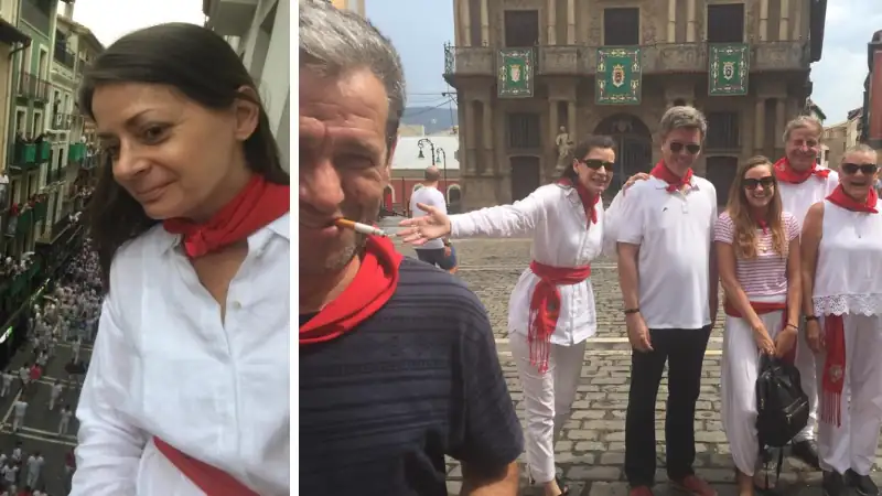 Two photos during a festival: Left, Kathleen looks down at a street crowd from a balcony. Right, Lief, Kathleen, and others pose smiling in a plaza, all wearing white with red scarves.