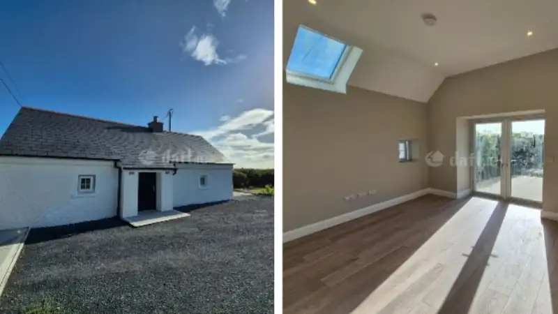 White cottage exterior and bright interior room