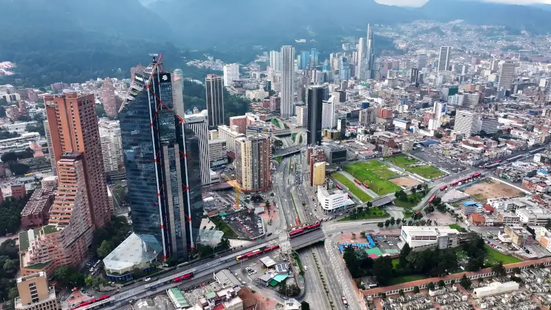 kyline In Bogota Cundinamarca Colombia. Birds Eye View Of Stunning Cityscape With Streets And Buildings.