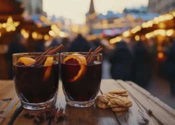 At a Christmas market illuminated at night in December, two glasses of hot mulled spicy wine with cookies.