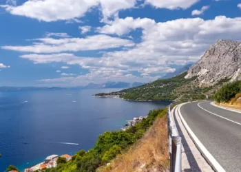 Stunning panoramic view from the coastal road on the Makarska Riviera, Dalmatia, Croatia.The Adriatic highway winding along the dramatic mountain coast, a scenic road trip destination in Croatia
