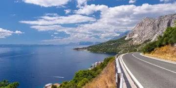 Stunning panoramic view from the coastal road on the Makarska Riviera, Dalmatia, Croatia.The Adriatic highway winding along the dramatic mountain coast, a scenic road trip destination in Croatia