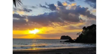 sunset over a quiet beach: the sun is low on the horizon, casting golden light across the ocean