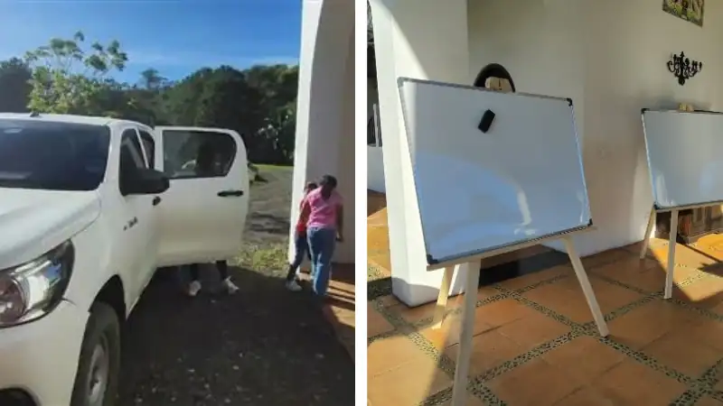 people arriving in a white pickup truck
