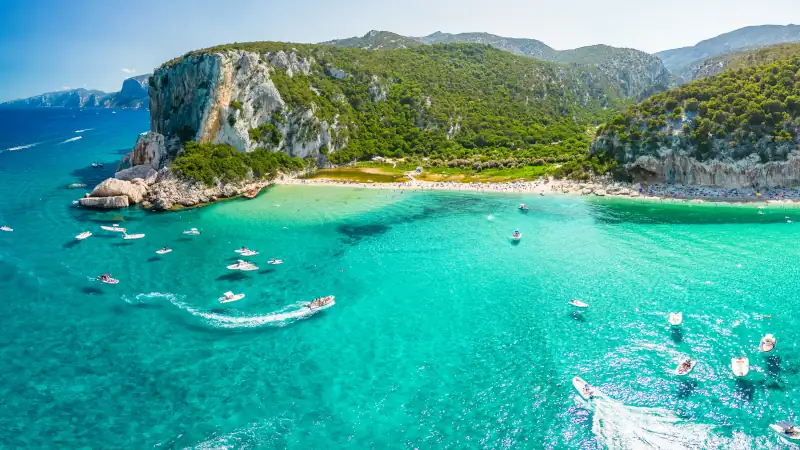 Drone view of the vibrant Cala Luna Beach on Sardinia island, Italy
