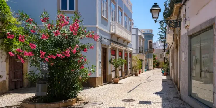 Charming Street Scene in Olhão, Portugal – Blooming Flowers, Cobblestones, and Blue Facades