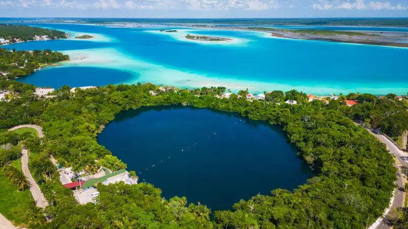 Aerial view of cenote in Bacalar Mexico travel holiday destination