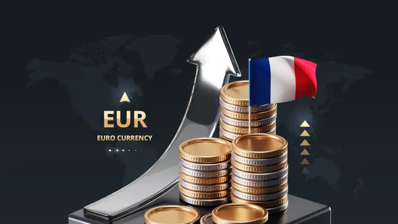 Growth euro currency France eur money on 3d exchange market background with economy financial profit banking investment wealth concept. Success business finance gold cash coin increase earning rate.
