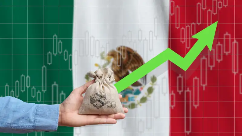 Hand holds a bag with money and an upward arrow