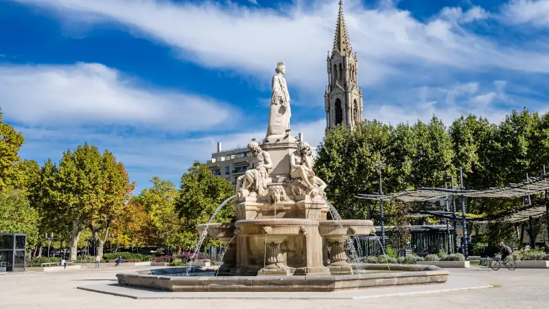 The Pradier Fountain (Fontaine de Pradier) in Nîmes, Provence, Occitanie, France, Europe