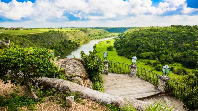Travel in Dominican Republic. View from the town of Altos de Chavon on the river chavon
