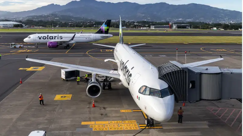 Volaris Airbus A320 airplanes at San Jose airport in Costa Rica
