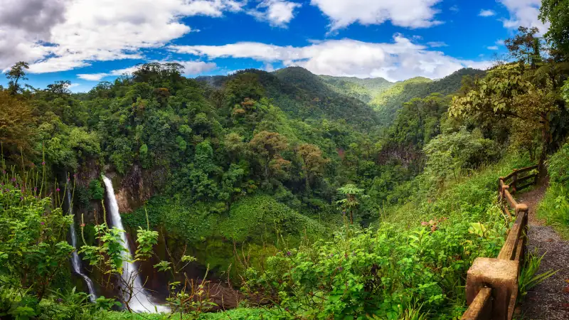 Catarata del Toro waterfall with surrounding mountains in Costa Rica