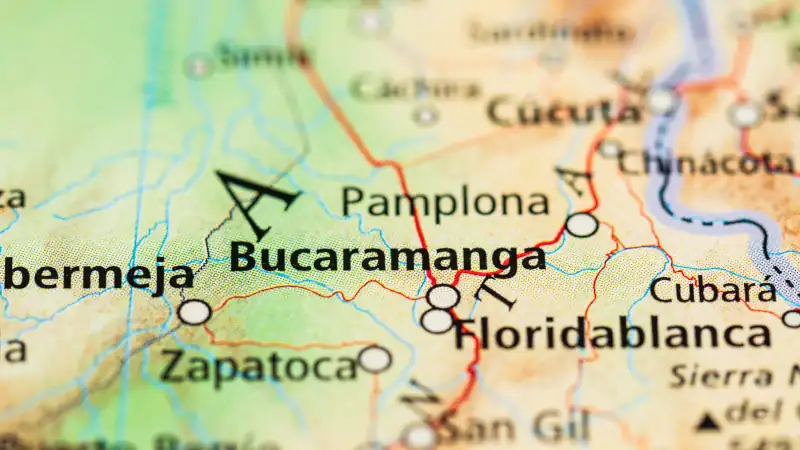 Close up map view featuring Bucaramanga and nearby Colombian cities.