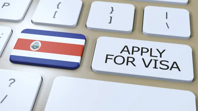 Costa Rica, Apply for Visa Concept. Button Push 3D Illustration