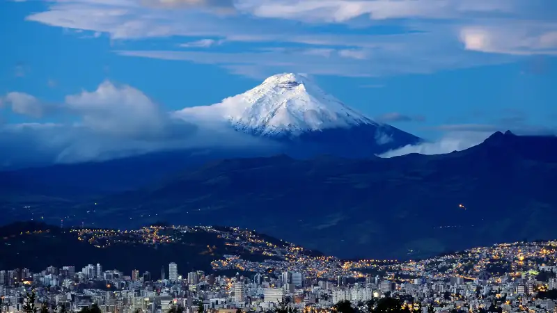 Cotopaxi volcano with a distinct plume of smoke