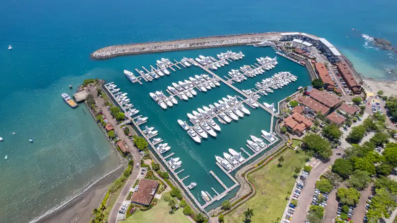 Beautiful aerial view of the Los Sueños Marina in Herradura Beach in Costa Rica