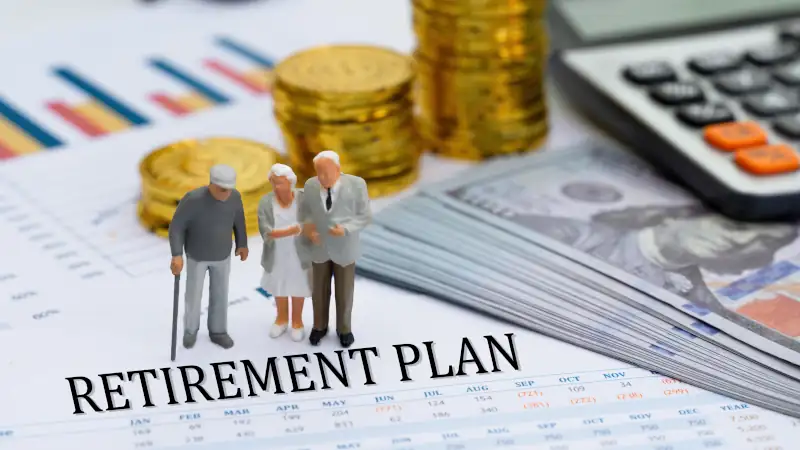 Miniature model of senior people standing on retirement plan report