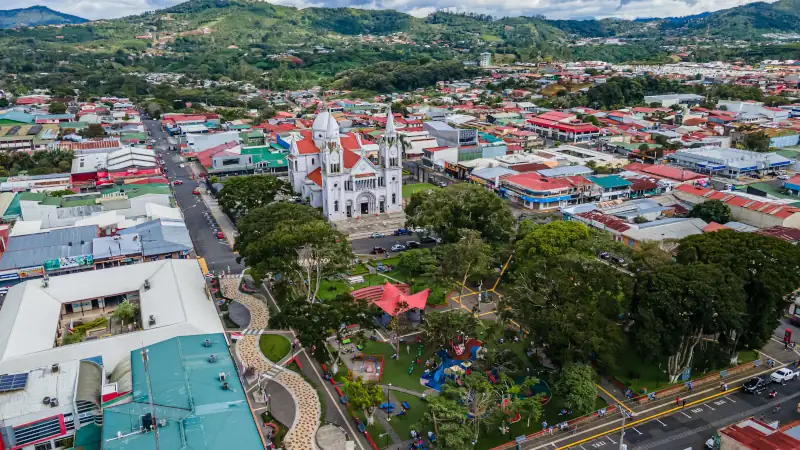 Beautiful aerial view of the San Ramon Church and town in Costa Rica