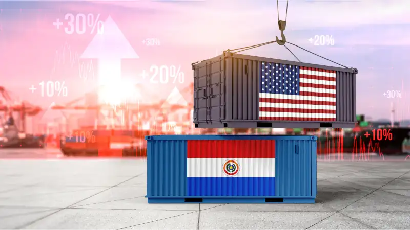 The image shows cargo containers displaying the USA and Paraguay flags, being lifted, representing the complex dynamics of international trade and economic growth.