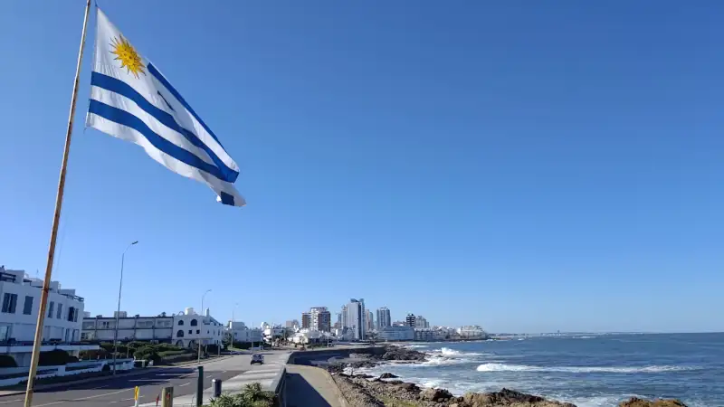 The national flag of Uruguay waving in the wind, overlooking a beautiful coastal city with modern buildings and the Atlantic Ocean waves on a rocky shore. Punta de las Salinas, Punta del Este, Uruguay