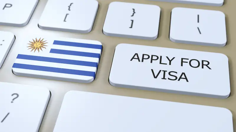 Uruguay, Apply for Visa Concept. Button Push 3D Illustration.