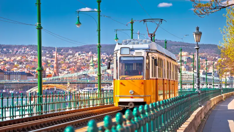 Budapest Donau river waterfront historic yellow tramway view
