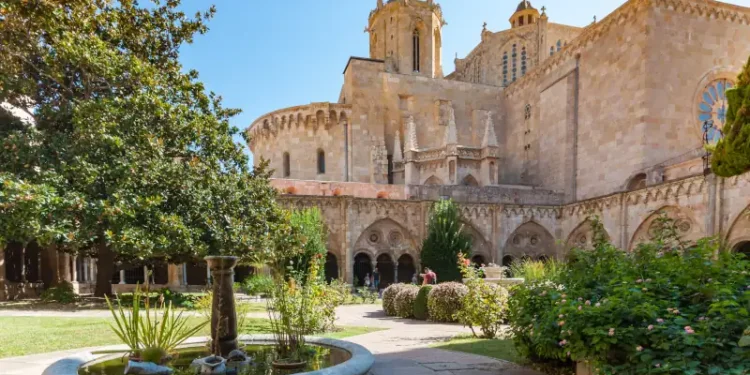 A wideangle view of Tarragona Cathedral and Gardens in the Spanish city of Tarragona