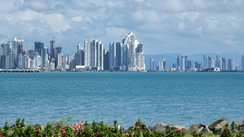 Panoramic view of the modern skyline of Panama City in the Pacific coast of Panama.