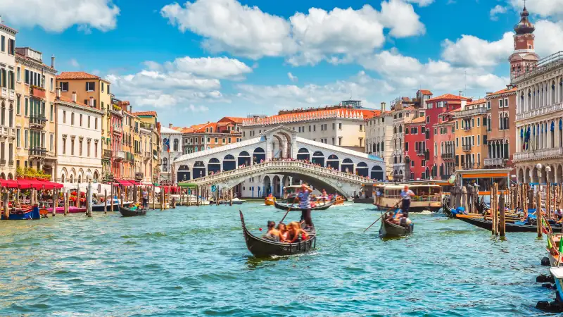 Bridge Rialto on Grand canal famous landmark panoramic view