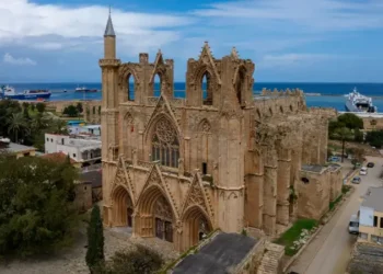 Exterior view to Lala Mustafa Pasa mosque. Formerly St. Nicholas Cathedral in the old town of Famagusta, Northern Cyprus