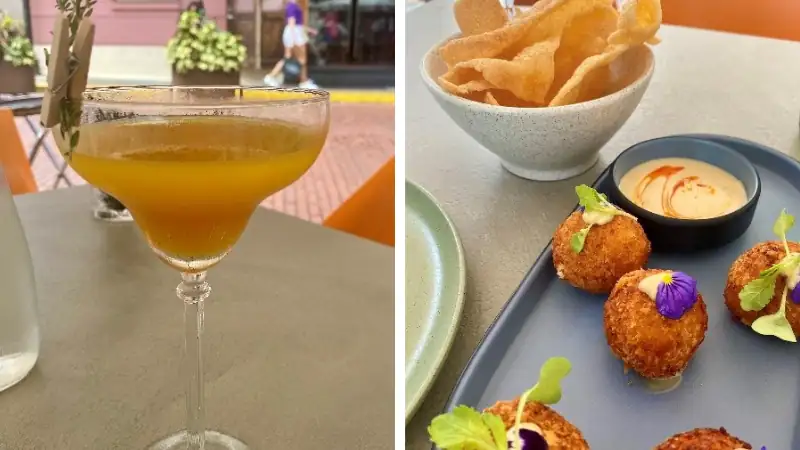 Tropical cocktail and crispy appetizers served at a restaurant in Panama City.