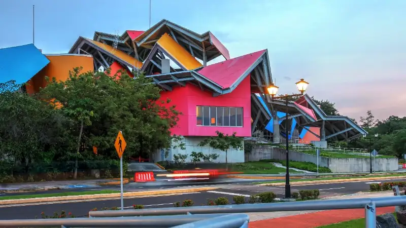 The colorful, angular Biomuseo on Panama City’s Cinta Costera waterfront.