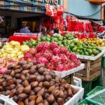 fruits and vegetables for sale at an outdoor market in Indonesia