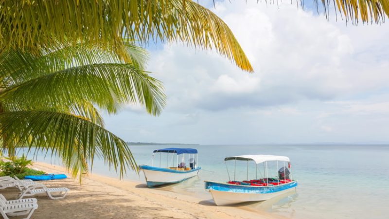 Boats at the Starfish beach, archipelago Panama Bocas del Toro